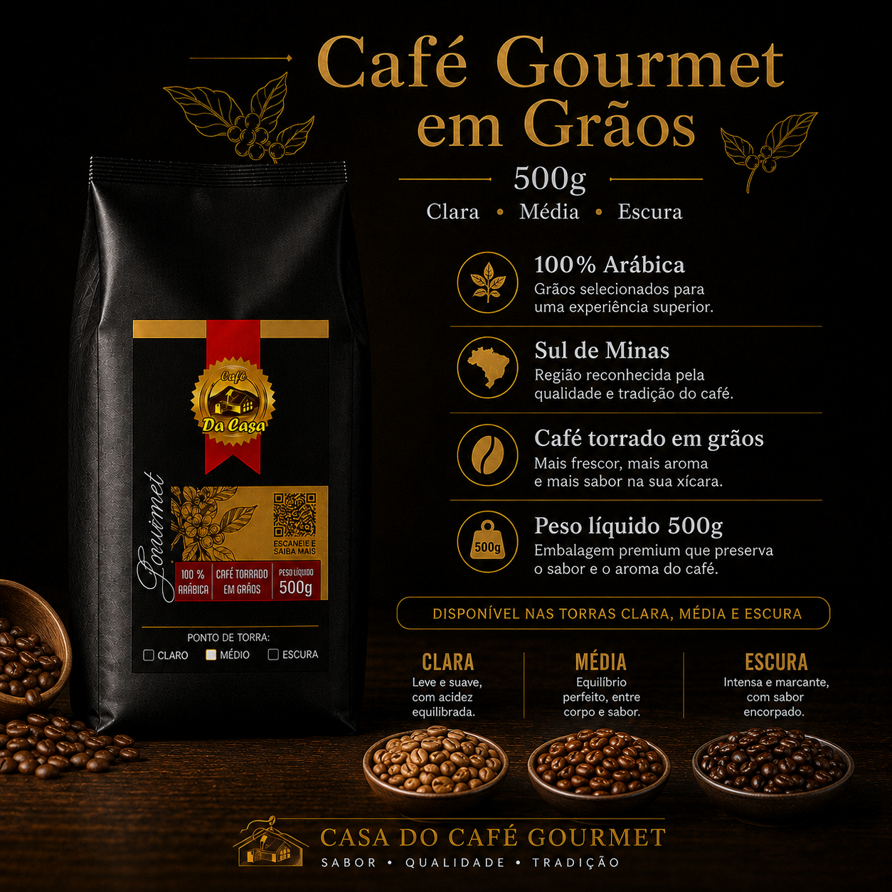 Café Gourmet Torrado Em Grãos 100% Arábica 500g