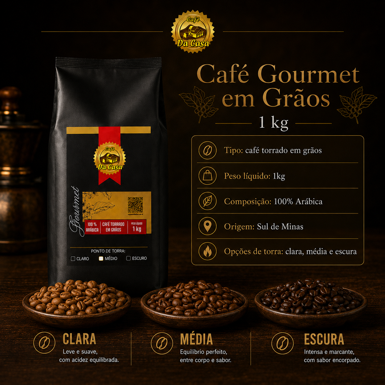 Café Gourmet Torrado Em Grãos 100% Arábica 1kg